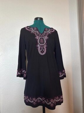 INC International Concepts Black Tunic with Purple Embroidery